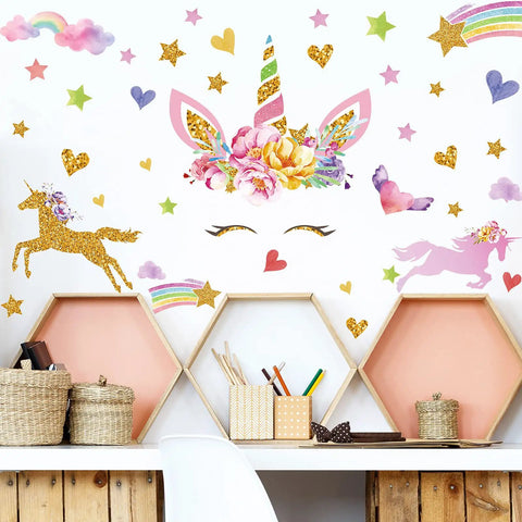 Unicorn Wall Decals Pack Of 4 Sheets 11 By 13 Point 4 Inch Peel And Stick Watercolor Stickers for girls' room with rainbows, hearts, unicorns.