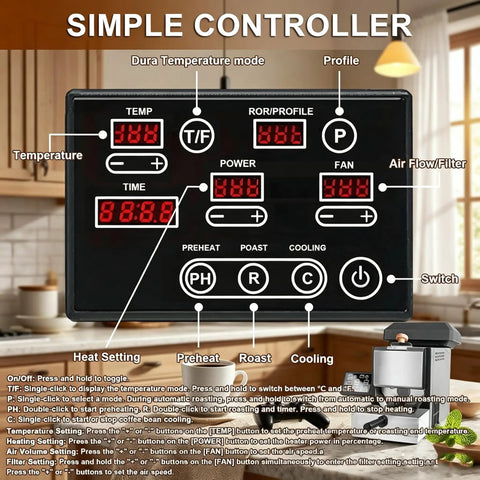 Top Shelf Smokeless Electric Coffee Bean Roaster With Auto Manual And Semi Auto Settings control panel featuring temperature and timer displays.