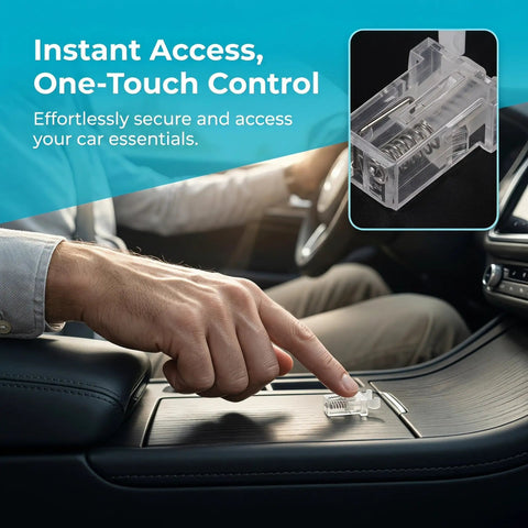 Driver using Push Button Trash Can Latch Lock For Your Ride, Flat Matte Plastic Design, Space Saving Fit Under Dash And Armrest