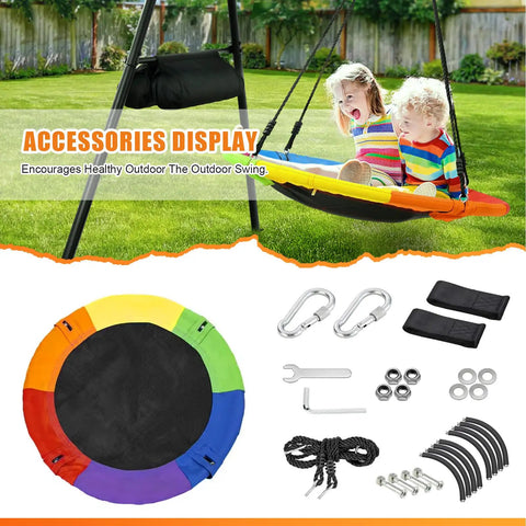 40 Inch Saucer Tree Swing For Kids Outdoor Fun With Waterproof Textilene Fabric Easy Assembly 500 Lb Weight Capacity Multicolor Backyard Playground Swing With Adjustable Ropes And Hanging Kit accessories display