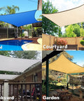 Curved 20 Ft By 26 Ft Sand Sun Shade Sail Outdoor Shade Cover 95 Percent UV Block Canopy for Patio Garden Backyard displayed in use over pool, courtyard, deckyard, and garden.