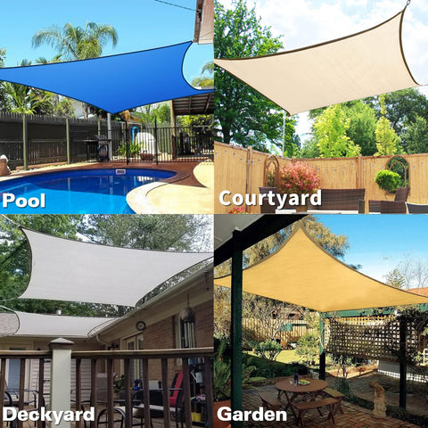 Curved 20 Ft By 26 Ft Sand Sun Shade Sail Outdoor Shade Cover 95 Percent UV Block Canopy for Patio Garden Backyard displayed in use over pool, courtyard, deckyard, and garden.