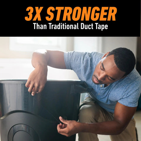 Man applying Heavy Duty Black Duct Tape 1.88 Inch By 50 Yard Indoor Outdoor Weather Resistant With Reinforced Backing on trash bin
