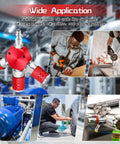 Collage showcasing Three Way Air Hose Splitter with red manifold, demonstrating wide applications in various industrial settings.