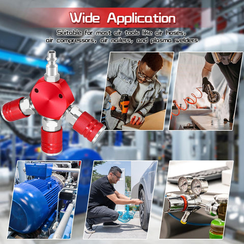 Collage showcasing Three Way Air Hose Splitter with red manifold, demonstrating wide applications in various industrial settings.