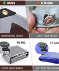 Comparison showing Heavy Duty Waterproof Tarp 8x10 Feet With 14 Mil Thick Tear Resistant Construction UV Shield Reinforced Edges