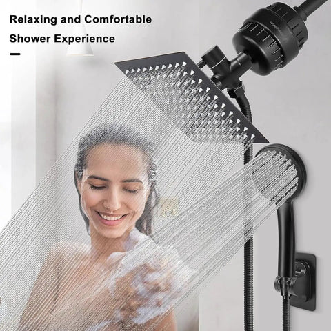 Filtered Rain Shower Head High Pressure 8 Inch Square With Five Setting Handheld Shower Filter Combo in use