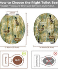 Round Quiet Close Replacement Toilet Seat with measurement guide, features detailed size compatibility and duck design.