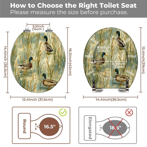 Round Quiet Close Replacement Toilet Seat with measurement guide, features detailed size compatibility and duck design.