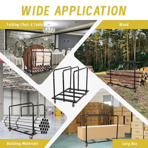 Folding Table Cart With Swivel Wheels, Heavy Duty Dolly That Handles Up To 1800 Lbs And 10 Table Capacity, Adjustable Panel Cart For Banquets, Parties, Meetings, And Events, Durable Alloy Steel Construction, shown with tables, wood, pipes, and boxes