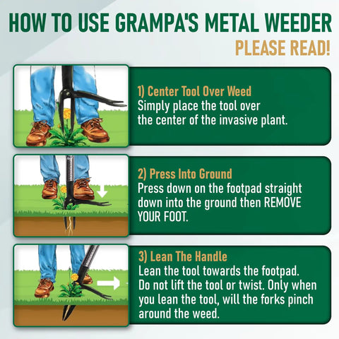 Stand Up Weed Puller Tool With Heavy Duty Steel Long Handle 45 Inch Reach For Easy Weeding And Back And Knee Friendly No Bending Lawn And Garden Cleanup All Steel Construction For Durable Use And Simple Twist Together Assembly use guide showing tool over weed, footpad press, and lean handle