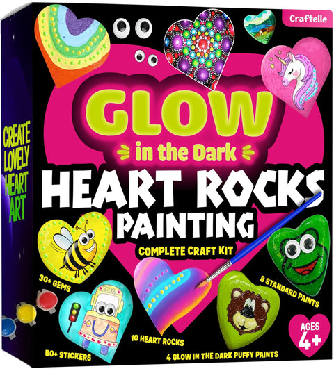Glow In The Dark Heart Rock Painting Kit For Kids Ages 4 To 12, STEM Craft Set With Puffy Paint Stickers Gems And Paints, box cover