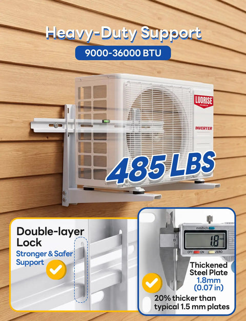 Beefy Heavy Duty Wall Mount Bracket For Mini Split Systems 9000–36000 BTU displayed with weight capacity and steel thickness details