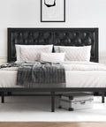 Modern Queen Bed Frame With Upholstered Diamond Tufted Headboard And Rock Solid Metal Slats For Dead Quiet Rest Spacious Under Bed Storage No Box Spring Needed Fast Clip Setup Black with pillows and blanket.