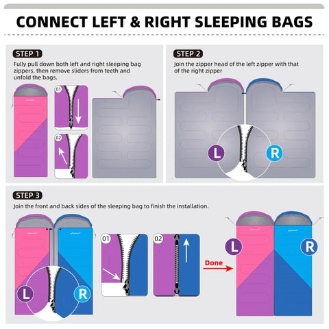 Diagram showing connection process for Ultralight Camping Sleeping Bag For Adults And Kids, Lightweight Backcountry Bag With Right Zipper