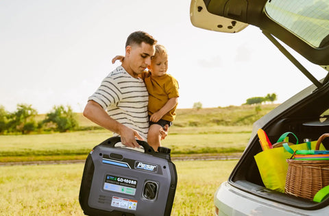 Man carrying Dual Fuel Portable Generator With 4000W Peak And 3200 Running On Gas Or 3600 Peak And 2800 Running On Propane, with child