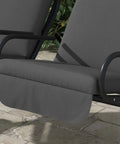 Close-up of Two Seat Patio Swing Chair with removable canopy and cup holders, showing gray seat cushion on weather-resistant frame