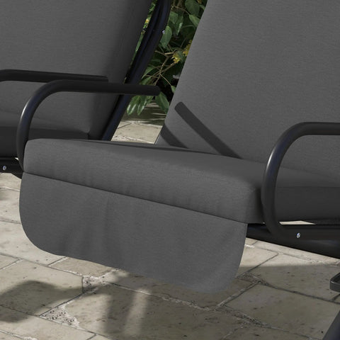 Close-up of Two Seat Patio Swing Chair with removable canopy and cup holders, showing gray seat cushion on weather-resistant frame