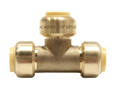 Pack Of Two 1/2 Inch Tee Push Fit Fitting Connects Pex Copper And CPVC With Disconnect Clip Lead Free DZR Brass For Potable Water