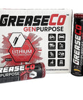 Front view of GreaseCo GenPurpose lithium grease cartridges in a white box; amber, NLGI 2, 14 oz