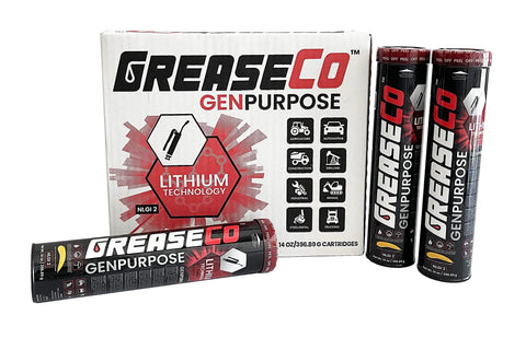 Front view of GreaseCo GenPurpose lithium grease cartridges in a white box; amber, NLGI 2, 14 oz