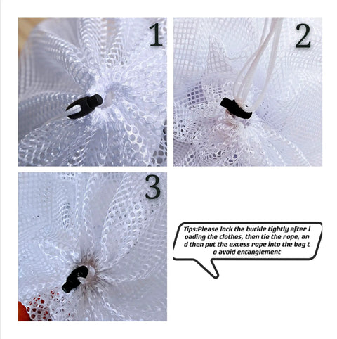 Close-up of drawstring and buckle on Heavy Duty Mesh Laundry Bag With Handle And Drawstring For Dorms Travel College Or Camping Hanging Foldable