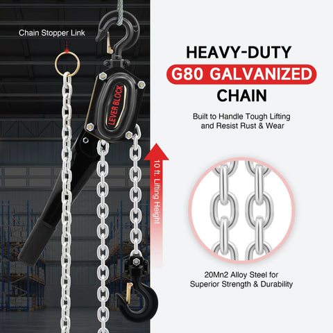 Lever Chain Hoist One And One Half Ton Capacity 3300 Lb Manual Chain Hoist With Ten Ft Lift G80 Galvanized Chain in warehouse