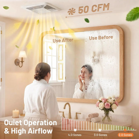 Pro Grade 50 CFM Bathroom Exhaust Fan With Pure Copper Motor, 2.0 Sones, showing clear and foggy mirror in bathroom setting