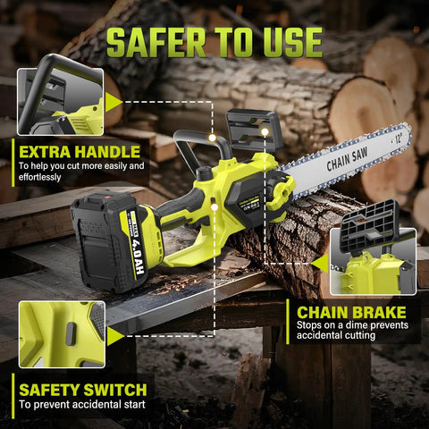 12 Inch Cordless Electric Chainsaw With Dual 20V 4Ah Li Ion Batteries, showing extra handle, chain brake, and safety switch.