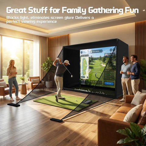 Indoor Golf Simulator Enclosure Net Kit 10x8ft With HD Impact Screen in living room setup for family entertainment