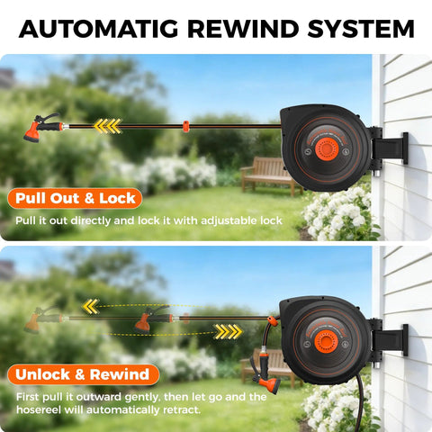 Heavy Duty Retractable Garden Hose Reel 100 Feet Half Inch For Outdoor Use With Wall Mount And 180 Degree Swivel Auto Rewind