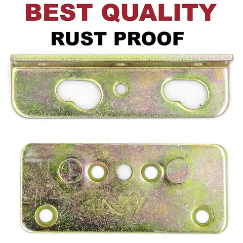 Heavy Duty Bed Rail Brackets Full Set Of 4, Rust Proof No Mortise Frame Connectors For Wood Beds, showing galvanized steel pieces.