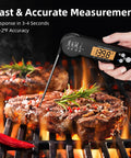 Ultra Fast IPX7 Waterproof Meat Thermometer With Backlight testing grilled steak on BBQ, accurate instant read in 3-4 seconds.