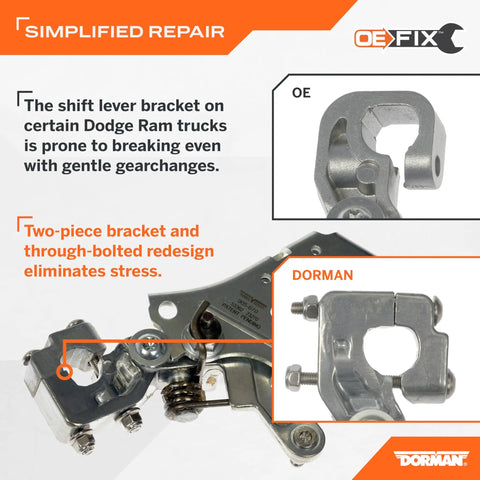 Heavy Duty Aluminum Transmission Gearshift Bracket For Dodge Ram Pickup Trucks showing two-piece design and through-bolt construction.