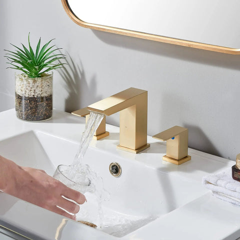 Sleek Brushed Gold 3 Hole Waterfall Bathroom Faucet With Dual Handles, Modern Vanity Sink Faucet Set, Easy Installation With Supply Hoses And Drain, 4.4 Inch Body, 5.5 Inch Spout Extension, Stylish Home Upgrade