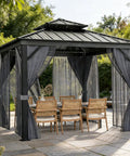 12x12 Hardtop Gazebo With Beefy Double Roof And Mosquito Net, Aluminum Frame And Galvanized Steel Top Canopy, Privacy Curtain