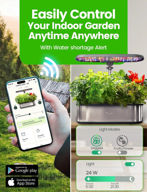 Smart Indoor Hydroponic Garden System With 12 Pods App And WiFi Control Dope 24W LED Grow Light 5.5L Water Tank Pump System And Auto Timer For Fresh Herbs At Home showing control app and LED light modes