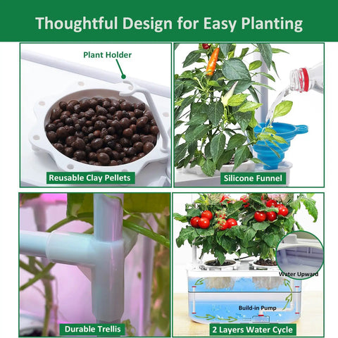 Smart Indoor Hydroponic Garden System Kit With Trellis And LED Grow Light featuring reusable clay pellets and water funnel