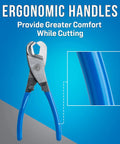 Beast Hardline Coax And Fiber Cable Cutter with ergonomic blue handles for comfortable grip on blue background.