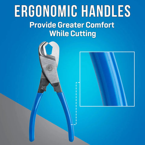 Beast Hardline Coax And Fiber Cable Cutter with ergonomic blue handles for comfortable grip on blue background.
