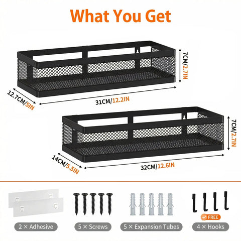 Heavy Duty Mesh Shower Caddy Wall Mount With Grip Tight Adhesive Bathroom Shelf Organizer Rust Proof Kitchen Pantry Rack Holds Heavy Gear Up To Fifty Pounds Nailed Easy Install Black Two Pack Bundle