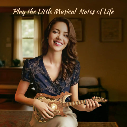 Person playing LED 3D Wooden Puzzle Guitar Kit With Lights Acoustic Model For Adults DIY Mechanical Music Craft indoors.