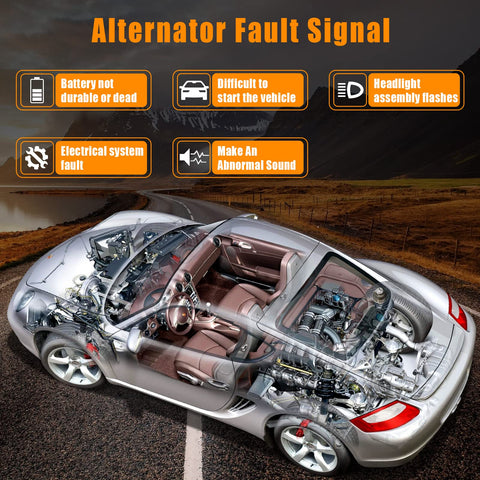 Illustration of a car with labeled alternator fault signals, showing internal engine and issues like battery and headlight faults.