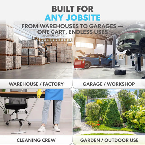 Collage showing uses of Heavy Duty Rolling Utility Cart With Ergonomic Handle And Deep Shelves For Garage, Warehouse Or Workshop.