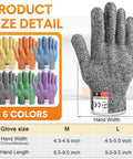 12 Pairs Cut Resistant Gloves Level 5 For Kitchen Cooking And Garden DIY Chefs Colorful Set 6 Colors Heavy Duty Protection Ambidextrous Fit Breathable Comfort Medium; product size chart with glove dimensions.