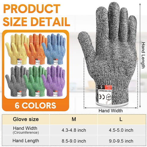 12 Pairs Cut Resistant Gloves Level 5 For Kitchen Cooking And Garden DIY Chefs Colorful Set 6 Colors Heavy Duty Protection Ambidextrous Fit Breathable Comfort Medium; product size chart with glove dimensions.