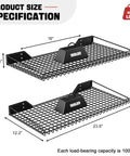 4 Pack Heavy Duty Wall Mounted Garage Shelves Set Metal Storage Racks Black Finish 23.5 Inch By 12 Inch Each Space Saving Tool Organizer For Shop Shed And Garage, showing two black metal wire mesh racks with dimensions.