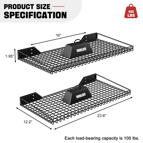 4 Pack Heavy Duty Wall Mounted Garage Shelves Set Metal Storage Racks Black Finish 23.5 Inch By 12 Inch Each Space Saving Tool Organizer For Shop Shed And Garage, showing two black metal wire mesh racks with dimensions.