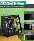 Garage Ready Golf Bag Storage Rack That Holds 3 Stand Bags And 14 Clubs Plus Space For Shoes, Balls, And Accessories Heavy Duty Wooden Organizer With Easy Assembly For Indoor Or Outdoor Use Black Finish, featuring 5 shelves and 3 bag compartments
