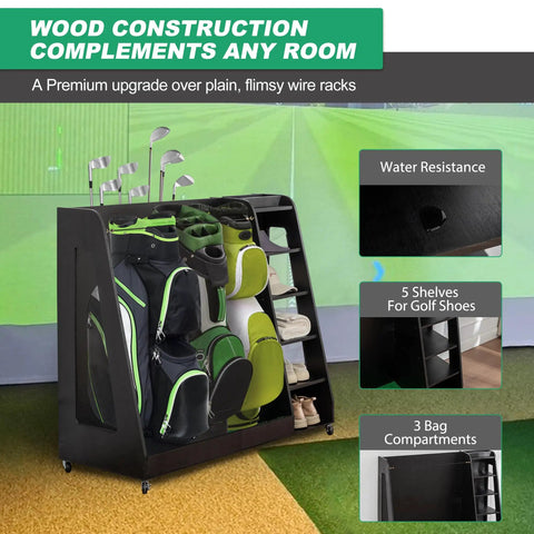 Heavy-Duty Golf Bag Storage Rack That Holds 3 Stand Bags And 14 Plus Clubs With Built In Slots For Balls Shoes And Gear Indoor Outdoor Garage Organizer With Easy Assembly Durable Black Finish in use, showcasing its compartments and features.